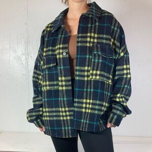 Navy + Yellow Brushed Wool Style Button Down Plaid Coat